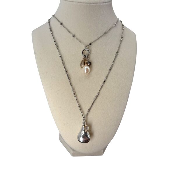 J. Jill Layered Necklace Silver Gold Pear Charm Beaded Rhinestone Adjustable NWT - Picture 2 of 13